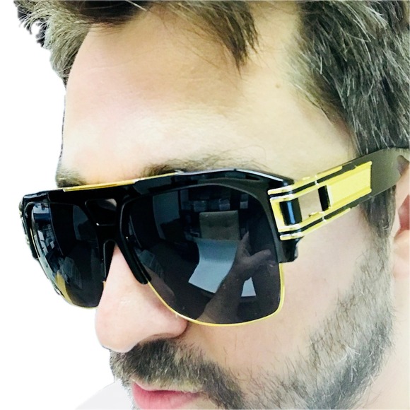 Sunglasses Men's Square Frame Dark Black Lens Gold Accents Hip Hop Street Wear‎ - Picture 6 of 6